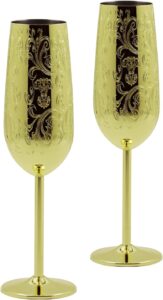 Sky Fish Etching Stainless Steel Champagne Flutes Glass Set of 2, 200ML champagne glasses wedding set for Wedding,Parties and Anniversary (Gold Plated)