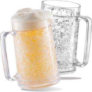 luxail Freezer Beer Mugs, Double Wall, Insulated Gel Plastic Pint Freezable Glasses, 16 oz, Clear 2 pack , Chiller Frosty Cup, Frozen Ice Freezer Mug,...