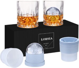 Whiskey Rocks Glass, Set of 4 (2 Crystal Bourbon Glasses, 2 Round Big Ice Ball Molds) In Gift Box - 10 Oz Old Fashioned Glasses for Scotch Cocktail Rum...