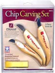 FLEXCUT KN115 Carving Knives, Chip Carving Set, High Carbon Steel Blades, Ergonomic Ash Handle, Set of 3