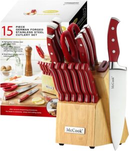 McCook® MC24 15 Pieces Stainless Steel Kitchen Knife Sets with Wooden Block, Kitchen Scissors and Built-in Sharpener, Red