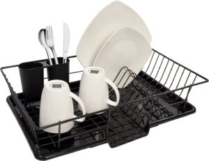Sweet Home Collection Dish Drainer Drain Board and Utensil Holder Simple Easy to Use, 17" x 12" x 5", Black
