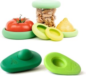 Food Huggers Zero Waste Starter Kit - (7 Pieces) - Reusable Silicone Food Savers Sage Green (Set of 5) + Avocado Hugger Avocado Saver Covers (Set of 2), Keeps Food Fresh, Dishwasher Saf