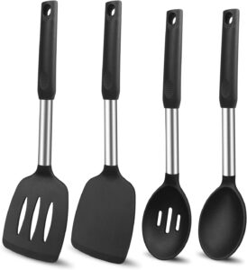 Silicone Cooking Spatulas and Spoons, 4 Pack Heat Resistant Silicone Cooking Utensils Set, Non Stick Large Kitchen Silicone Spatula and Spoons for Cooking, Mixing, Serving, Draining, Black