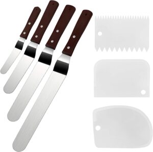 Cake Icing Spatula Set of 4 Packs(10"+8"+6"+4") and Cake Smoother Scraper Set of 3 Packs, Professional Stainless Steel Offset Spatula with Wooden Handle
