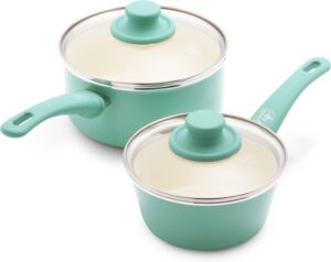 GreenLife Soft Grip Healthy Ceramic Nonstick, 1QT and 2QT Saucepan Pot Set with Lids, PFAS-Free, Dishwasher Safe, Turquoise