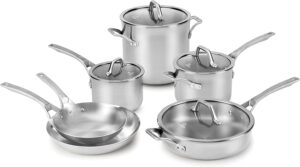 Calphalon 10-Piece Pots and Pans Set, Stainless Steel Kitchen Cookware with Stay-Cool Handles, Dishwasher Safe, Silver