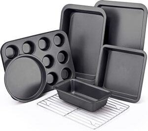 KITESSENSU Baking Pans Sets, Nonstick Bakeware Set 7-Piece with Round/Square Cake Pan, Loaf Pan, Muffin Pan, Cookie Sheet, Roast Pan, Cooling Rack, Carbon Steel Bake Set