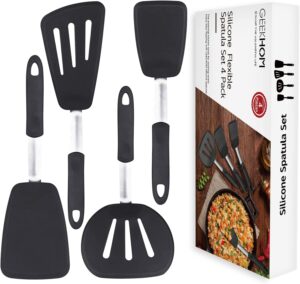 Silicone Spatulas for Nonstick Cookware, GEEKHOM 600F Heat Resistant Extra Large and Wide Flexible Spatulas Rubber Turners, Kitchen Cooking Utensils Set for Pancake, Eggs, Fish, Omelet(4 Pack, Black)