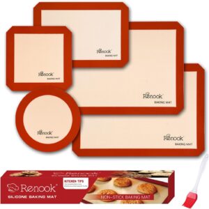 RENOOK Silicone Baking Mats Set of 5, BPA-free grade food baking mat, 100% Non-Stick Reusable Food Safe Liners & Silicone Brush- Macaron, Pastry, Cookie.