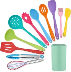 LIANYU 12-Piece Silicone Kitchen Cooking Utensils with Holder, Kitchen Tools Set Include Slotted Spatula Spoon Turner Ladle Tong Whisk, Dishwasher Safe,...