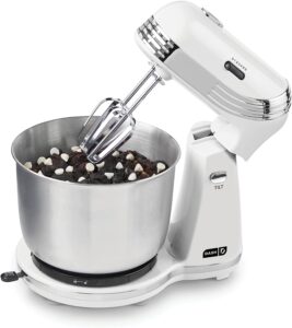 Dash Stand Mixer (Electric Mixer for Everyday Use): 6 Speed Stand Mixer with 3 qt Stainless Steel Mixing Bowl, Dough Hooks & Mixer Beaters for Frosting, Meringues & More - White