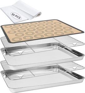 KAMIDA Baking Sheet with Cooling Rack, Stainless Steel Cookie Sheet with Silicone Baking Mat, Nonstick Baking Pans Set for Oven (2 Sheets + 2 Racks + 1...