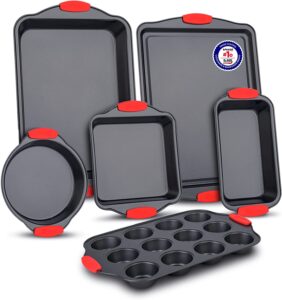 Baking Set – 6 Piece Kitchen Oven Bakeware Set – Deluxe Non-Stick Black Coating Inside and Outside – Carbon Steel – Red Silicone Handles – PFOA PFOS and...