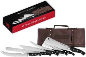 Master Maison 15-Piece Durable Professional Kitchen Knife Set - BBQ Knives, Chef Knives, Kitchen Knives - Honing Rod, Knife Sharpener, 6 Knife Sheaths, & Canvas Bag Carrying Case - Grill Accessories