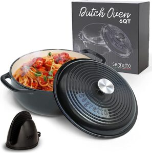 Segretto Cookware Enameled Cast Iron Dutch Oven with Handle, 6 Quarts, Nero (Black) Enameled Cast Iron Dutch Oven 6qt | Dutch Oven Wedding Gift | Enamel Cast Iron Cookware | Comes with Silicone Pot Holders