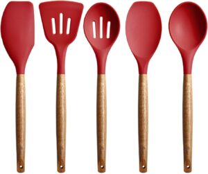 Miusco Christmas & Holiday Non-Stick Silicone Kitchen Utensils Set with Natural Acacia Hard Wood Handle, 5 Piece, Red, BPA Free, Baking & Serving Silicone Cooking Utensils