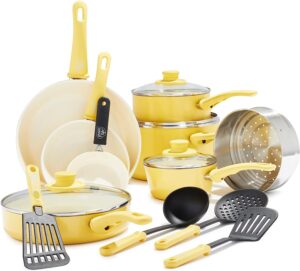 GreenLife Soft Grip Healthy Ceramic Nonstick 16 Piece Kitchen Cookware Pots and Frying Sauce Pans Set, PFAS-Free, Dishwasher Safe, Yellow