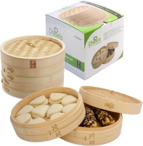 Zoie + Chloe Bamboo Steamer Basket - 2-Tier Dumpling Steamer for Cooking with 2 Reusable Cotton Liners for Bao, Dim Sum, Veggies, Asian Steamed Buns...