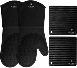 HOMWE Silicone Oven Mitts and Pot Holders, 4-Piece Set, Heavy Duty Cooking Gloves, Kitchen Counter Safe Trivet Mats, Advanced Heat Resistance,...