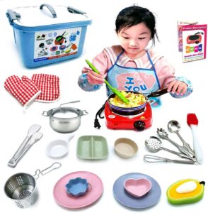 Kids Junior Tiny Real Easy Cooking play Kitchen tool Set and Baking Kit - 22 Pc. Mini Stove Burner, Chef, Apron, Oven Mitt, Recipes - Easy Cook Real Food Utensils Gift for Boys and Girls Ages 6-12…