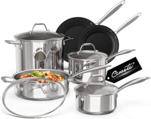 Ciwete Stainless Steel Pots and Pans Set 10 Piece, Kitchen Cookware Set with Nonstick Frying Pans and Glass Lids, Induction Cookware Set, Including 2...