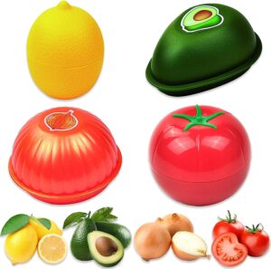 Fruit and Vegetable Container Set, 4 Pack Storage Containers for Fridge, Reusable Storage Box, Avocado Saver Onion Box Tomato Container and Lemon Keeper, Refrigerator Vegetable Crisper