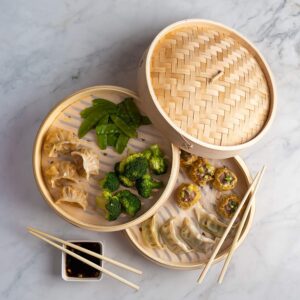 Prime Home Direct Bamboo Steamer Basket 10-inch | 2-Tier Vegetable Steamer for Cooking | Dumpling Maker | Food Steamer Pot | Veggie Steamer | 2-Pairs of...