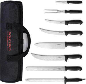 BOLEXINO Professional 9 Piece BBQ Knife Set, Knife Roll, Japanese style Premium stainless Steel Chef Knife Set, The Ultimate Grilling Set with Carrying Bag