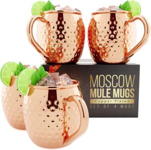 Moscow-Mix Moscow Mule Mugs Large 16 oz - 100% Pure Plated Copper Cups with Premium Stainless Steel Lining - Moscow Mule Cups Set of 4 - Mule Mugs Perfect...