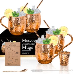 Moscow Mule Copper Mugs - Set of 4-100% HANDCRAFTED Solid Copper Mugs, Gift set with 4 Copper Straws, 1 Stirring Spoon, 1 Copper Shot Glass, 1 Straw...