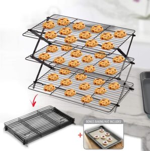 3-Tier Collapsible Cooling Rack - Bonus Baking Mat Included - Expandable & Foldable Cookie Cooling Wire Rack - Baking Rack - Foldable Cooling Rack For Baking Supplies - Premium Quality & Sturdy Legs