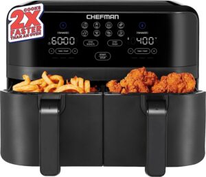 Chefman TurboFry Touch Dual Air Fryer, Maximize The Healthiest Meals With Double Basket Capacity, One-Touch Digital Controls And Shake Reminder For The
