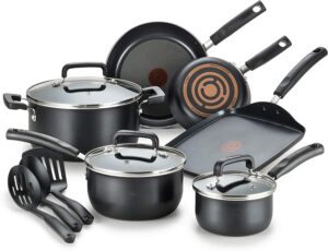 T-fal Signature Nonstick Cookware Set 12 Piece Pots and Pans, Dishwasher Safe Black