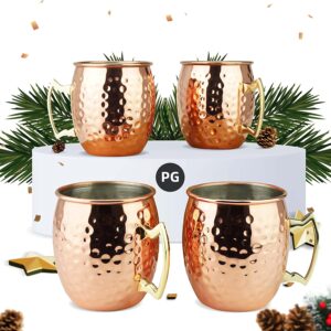 PG Moscow Mule Mugs | Large Size 19 ounces | Set of 4 Hammered Cups | Stainless Steel Lining | Pure Copper Plating | Gold Brass Handles | 3.7 inches...