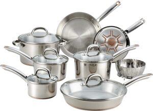 T-fal Ultimate Stainless Steel and Copper Cookware Set 13 PIece Induction Pots and Pans, Dishwasher Safe Silver