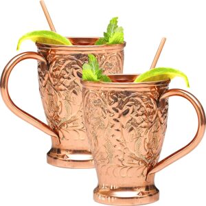 Kamojo Moscow Mule Mugs Set of 2 - Premium Moscow Mule Copper Mugs with Unique Embossed Design & Anti-Tarnish, Food-Grade Coating - Copper Cups Gift Set...