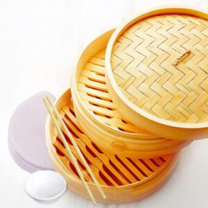 Mister Kitchenware 10 Inch Handmade Bamboo Steamer, 2 Tier Baskets, Healthy Cooking for Vegetables, Dim Sum Dumplings, Buns, Chicken Fish & Meat...