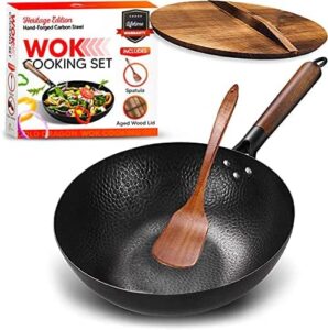 Gold Dragon Heritage Edition Carbon Steel Wok Pan with Lid | 12.5" Nonstick Restaurant Quality Wok Set for Flavorful Cooking | Traditional Hand-Hammered Stir Fry Pan | Round Flat Bottom Wok