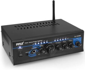 Pyle Home Home Audio Power Amplifier System with Bluetooth - 2X120W Mini Dual Channel Mixer Sound Stereo Receiver Box w/ RCA, AUX, Mic Input - For Amplified Speakers, PA, Theater, Studio Use -PTA4