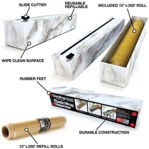 Chicwrap Marble Refillable Plastic Wrap Dispenser - Includes 12" x 250' Roll Professional Grade Disposable Plastic Wrap - Reusable Dispenser w/ Slide Cutter - Ideal Dispenser & Saves Money