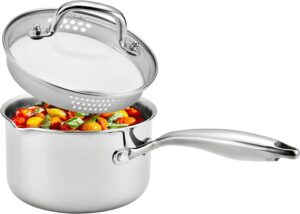 Cyrosa 3.5 Quart Saucepan with Strainer Lid, Stainless Steel Sauce Pot, Sauce Pan for Stove Top, Two Side Spouts for Easy Pour, Dishwasher Safe