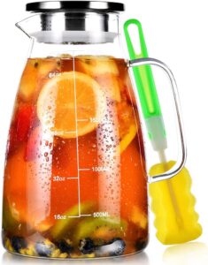 Aofmee Glass Pitcher, 68oz Water Pitcher with Lid and Precise Scale Line, 18/8 Stainless Steel Iced Tea Pitcher, Easy Clean Heat Resistant Borosilicate...