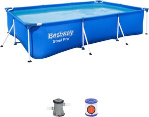 Bestway Steel Pro 9.8' x 6.6' x 26" Rectangular Steel Frame Above Ground Outdoor Backyard Swimming Pool Set with 330 GPH Filter Pump