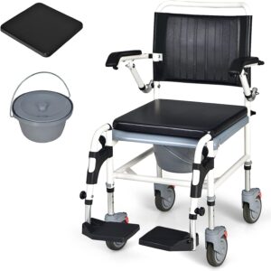Giantex 4-in-1 Bedside Commode Shower Wheelchair, Commode Chair for Toilet with Arms, 4 Lockable Wheels, Detachable Bucket, Height Adjustable & Flip-up Footrest, Padded Mobile Toilet Chair