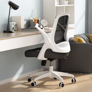 Hbada Home Office Desk Chair with Flip Up Arm, Breathable Mesh Back Lumbar Support Task Chair, Ergonomic Office Chair with Adjustable Height & PU Wheels, Swivel Computer Desk Chair, White