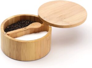 KITCHENDAO Bamboo Salt and Pepper Bowl Box Cellar Container Divided, Built-in Serving Spoon to Avoid Dust, Swivel Lid to Keep Dry, Sea Salt Spice Seasoning Keeper Holder, Dual 7 Ounce Capacity