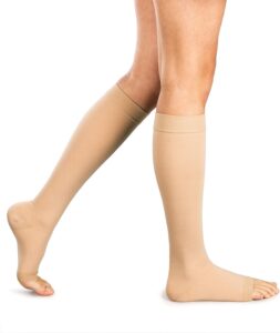 Amazon Brand - Solimo Open Toe Compression Socks for Men & Women, Knee High, Sheer, Beige, Solid, 15-20mmHg, Large, 1 Pair