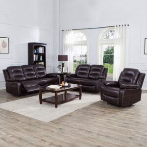JUNTOSO 3 Pieces Recliner Sofa Sets Bonded Leather Lounge Chair Loveseat Reclining Couch for Living Room-Brown