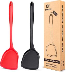 Pack of 2 Silicone Wok Spatula, Non-Stick, Heat, Stain and Odor Resistant, Easy to Clean and Dishwasher Safe, Seamless Kitchen Utensil for Cooking, Baking, Stir-Fry (Black-Red)